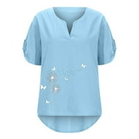iopqo графички маички за жени летни жени краток ракав против вратот цветни печатени памучни постелнини Топ маица обични кошули