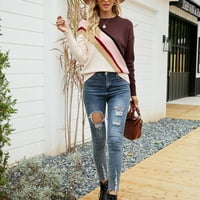 Намален женски џемпер тркалезен деколте за џемпер ленти од џемпер од џемпер со должина со должина од џемпер со џемпер со долг