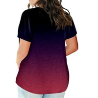 Женски Цвет Градиент Печатење В Џеб На Вратот Лабава Летна Блуза Со Кратки Ракави Скријте Ја Блузата На Стомакот