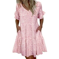 Мини Фустани За Жени В - Вратот Цветни Печатење Возбуда Среден Ракав Плисиран Фустан Женски Џеб Фустан
