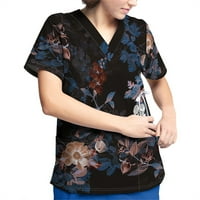 FOPP Продавач на женски цветни печатени кратки ракави со кратки ракави V-вратот за работа Работна униформа џебна блуза морнарица