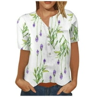 Женски врвови Хенли обична блуза цветни жени летни кошули со краток ракав бел 3xl