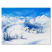 Дрвена куќа со зимски планински пејзаж сликарство платно уметнички принт