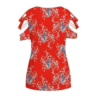 Плус Големина Блузи За Жени V - Вратот Пуловер Цветни Краток Ракав Црвена 2xl