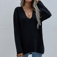 апсуј Џемпери За Жени Дозвола Плетење Пуловер V Вратот Мода Долги Ракави Џемпер Врвот Црна Големина И