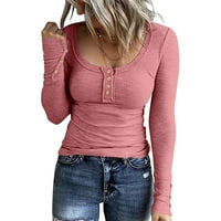 Женски Летни Врвови Блуза Обични Долги Ракави Цврсти Женски Кошули Топка Вратот Розова XL