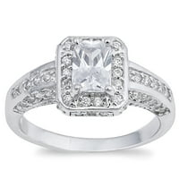 Исчистете го прстенот за свадбени ореол за правоаголник CZ. Стерлинг сребрен бел бел накит женски големина 9