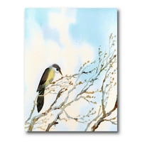 Птица седи на старо голи дрво со сино облачно небо сликарство платно уметнички принт
