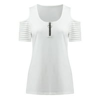 Xiuh жени v вратот јака патент Цврст краток ракав преклопете ги обичните блузи врвови графички маички за жени бела м