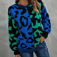 Пбнбп Женски Нов Леопард Печатење Спојување Со Долги Ракави Плетење Пуловер Тркалезни Врвови За Џемпери Со Кружен Врат