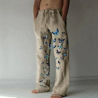 Машка Мода Секојдневен Печатен Ленен Џеб Панталони Со Врвки Панталони Со Големи Димензии Машки Панталони Со Еластичен Појас