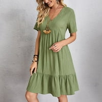 Летни фустани за жени модни обични v-вратот со кратки ракави цврсти мини фустани кратки лабави женски фустани зелена м